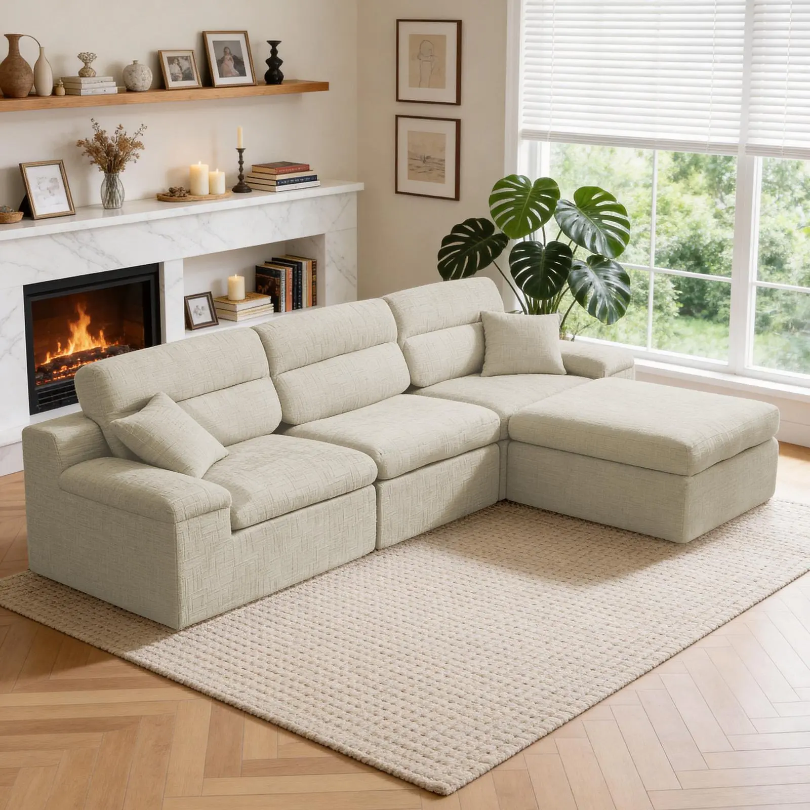 L-Shaped Corner Chaise Sofa with High Backrest, Slub Chenille Fabric, Convertible Sleeper, No Assembly, Space-Saving for Living Room and Apartment