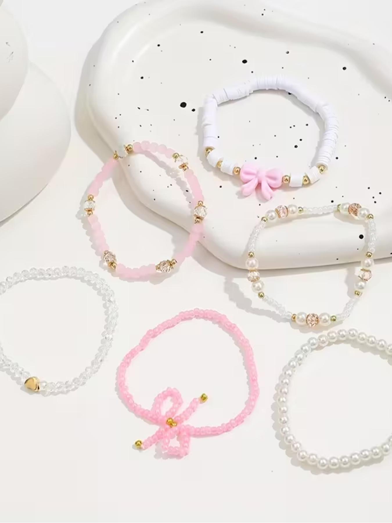 6 Pcs Glass Bead & Faux Pearl Bracelet Set, Cute Y2K Bow & Heart Design, Handmade Layered Bracelets for Women