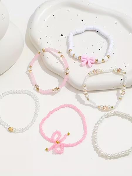 6 Pcs Glass Bead Faux Pearl Soft Clay Bracelets Set, Cute Y2K Bow Heart Design, Handmade Layered Wear Jewelry for Women, Stackable Bracelets