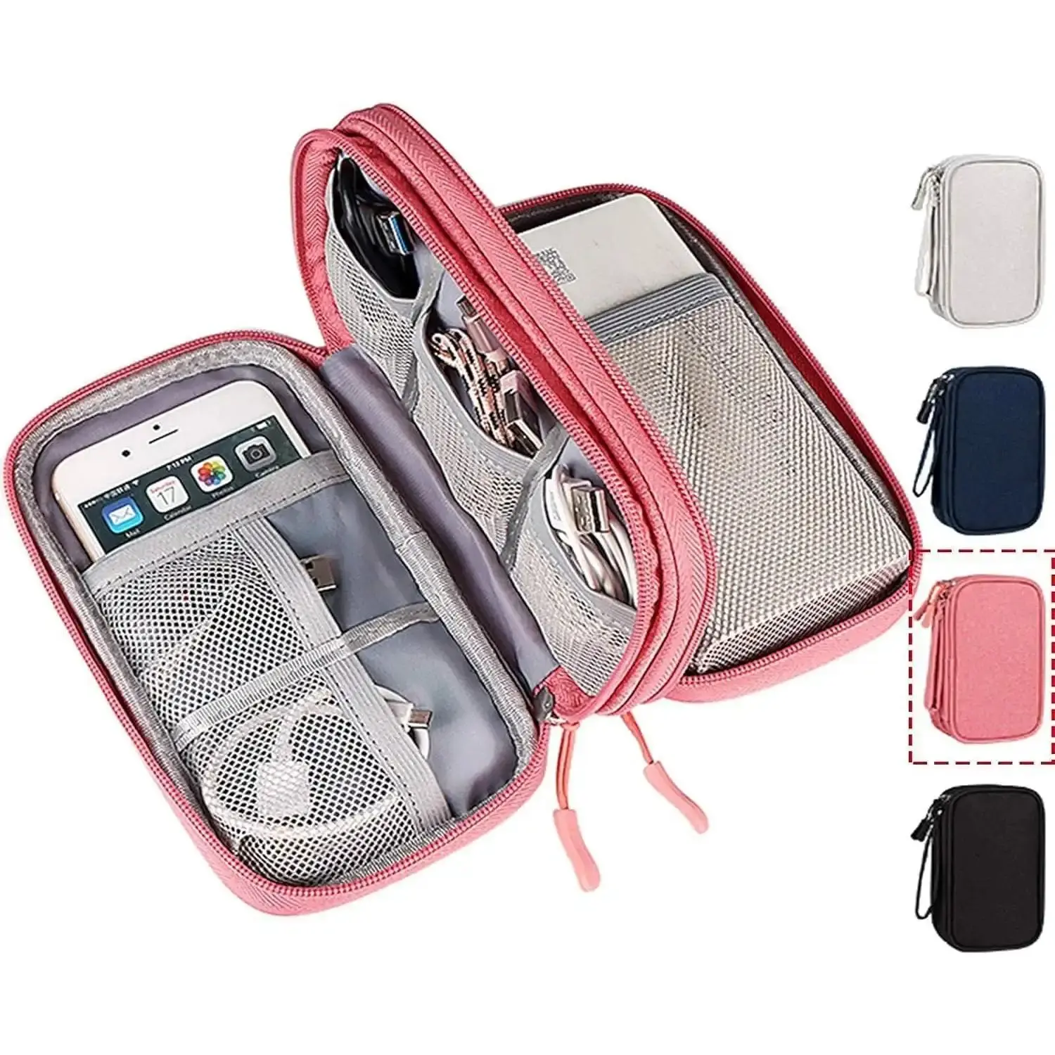 Double-Layer Electronic Organizer Bag - 2pack (Pink&Pink, Black), Premium Material, Lightweight Heavy-Duty Shockproof Black Fabric High-Capacity Multi-Compartment Storage Case (7.5in L x 4.3in W x 2.2in H) for Power Bank, USB Cables, Chargers