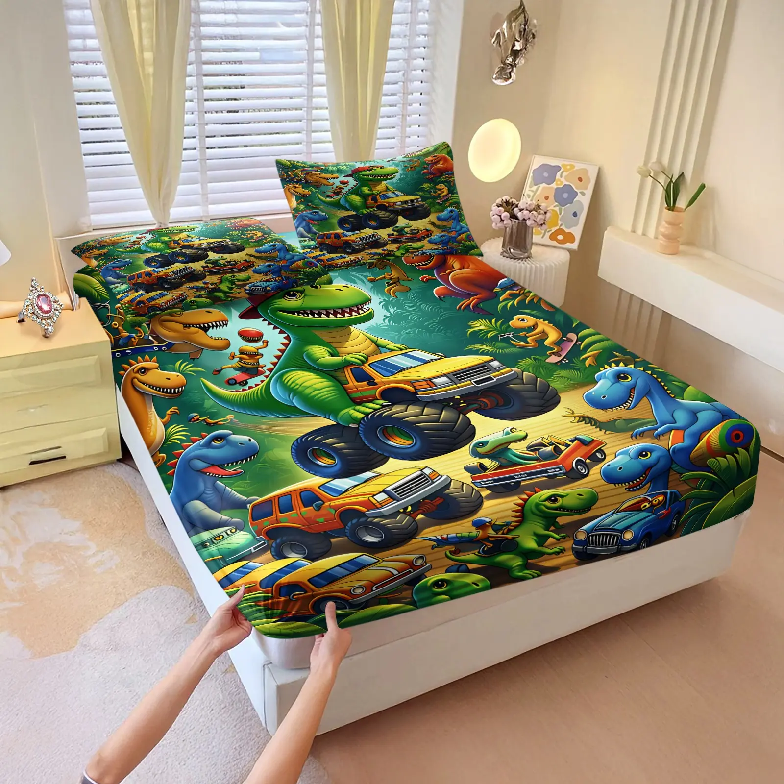 3Pcs Fitted Sheet Set, 1 Fitted Sheet +2 Pillowcases, No Filling, Cartoon Dinosaur Monster Truck Jungle Print, Printed Sheets, 360° Elastic Deep Pocket, Soft Breathable Microfiber, Machine Washable, Boys Bedroom Decor, Ideal Gift Choice