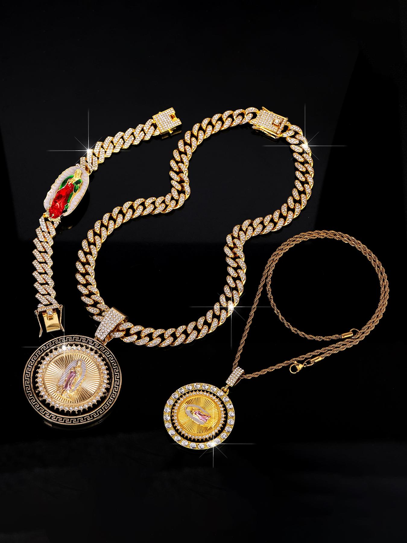 3pcs/set Men's Jewelry, Hip Hop Style Virgin Mary Pendant, Stacking Necklace & Bracelet Set, Iced Out Blingbling, Punk Style Accessory