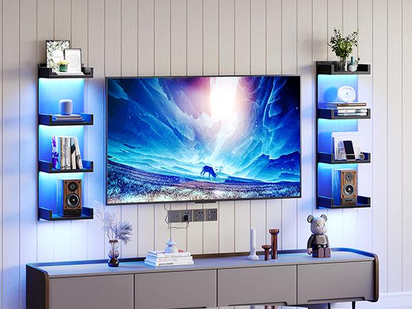 HOOBRO Floating Wall Shelves with LED Lights, 4-Tier Floating Shelf Wall Mounted for Storage, Vertical Display Stand, Modern Column Rack, for Bedroom, Living Room, Hallway, Black