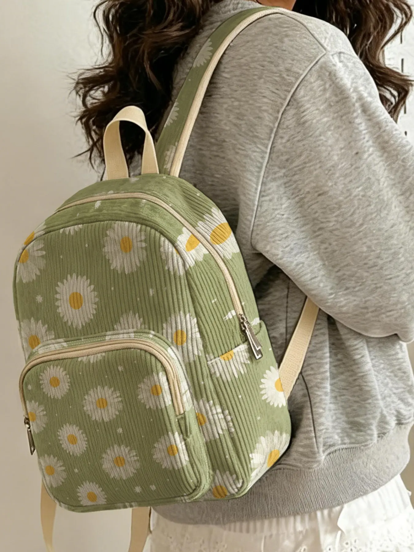 2D Print of Small Daisy and Tiny Star Pattern on Matcha Green Background, Corduroy textured, multi compartment storage. Great for school and short trips, stylish and practical. Floral School Backpacks