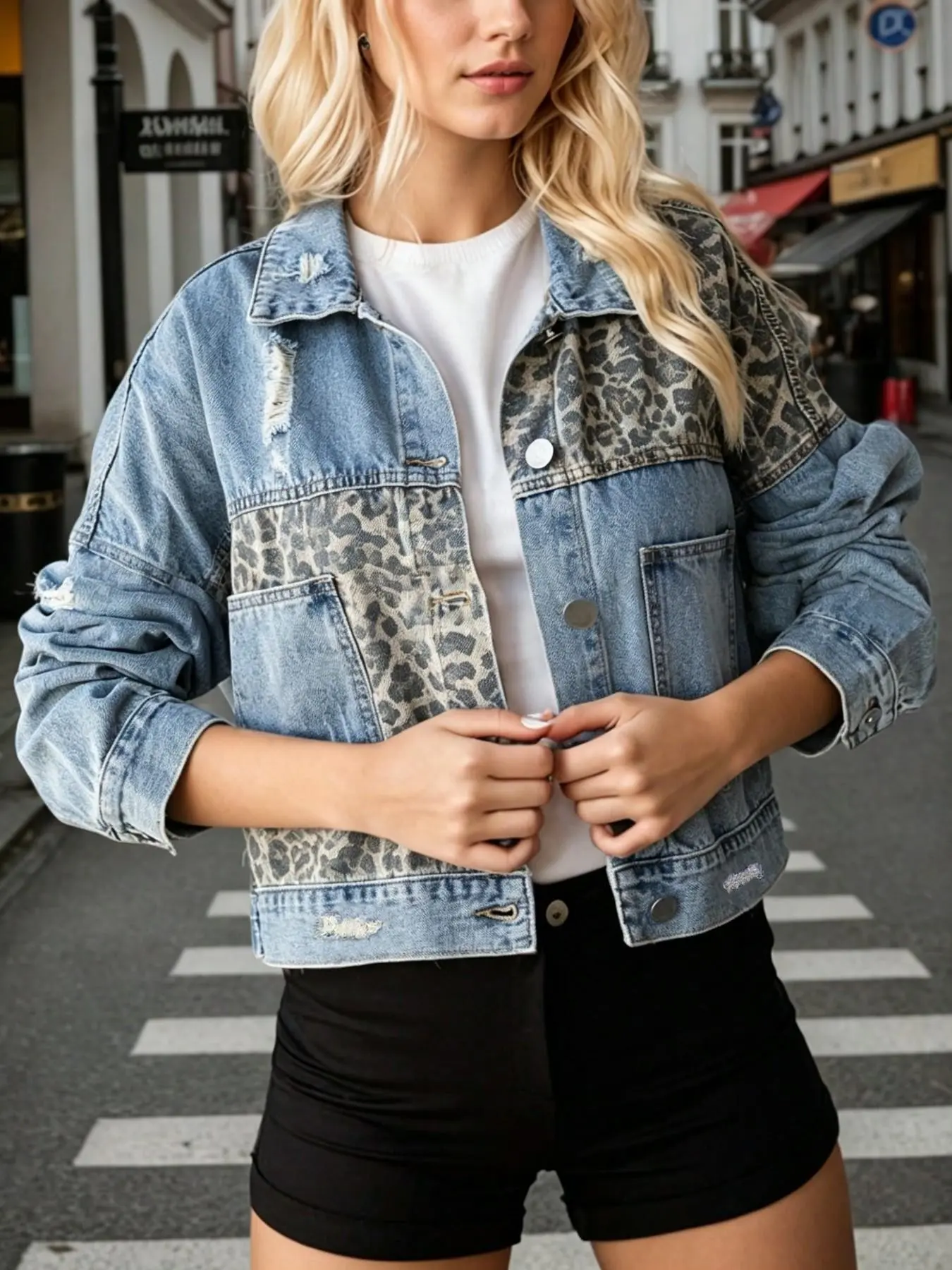 American Vintage Light Blue Denim Jacket, Leopard Print Patchwork Design, Button, Casual Fitted Long Sleeve Top, Spring & Fall Fashion Aesthetic