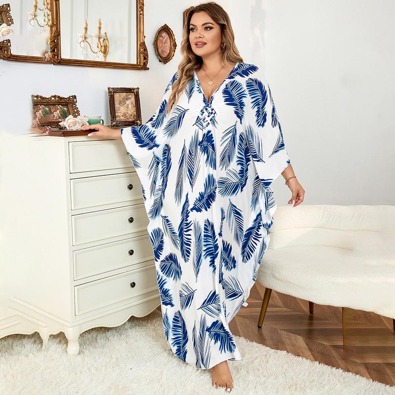 Bsubseach Women Ethnic Print Kaftan Dress ，Plus Size All Over Print  Sleeve TunicDress, Boho Casual V Neck 3/4 Sleeve TunicDress for Women, Women's Plus Cover Up,Mrs. Roper Kaftan ，bubu，mumu，Casual Womenswear Summer Bohemian