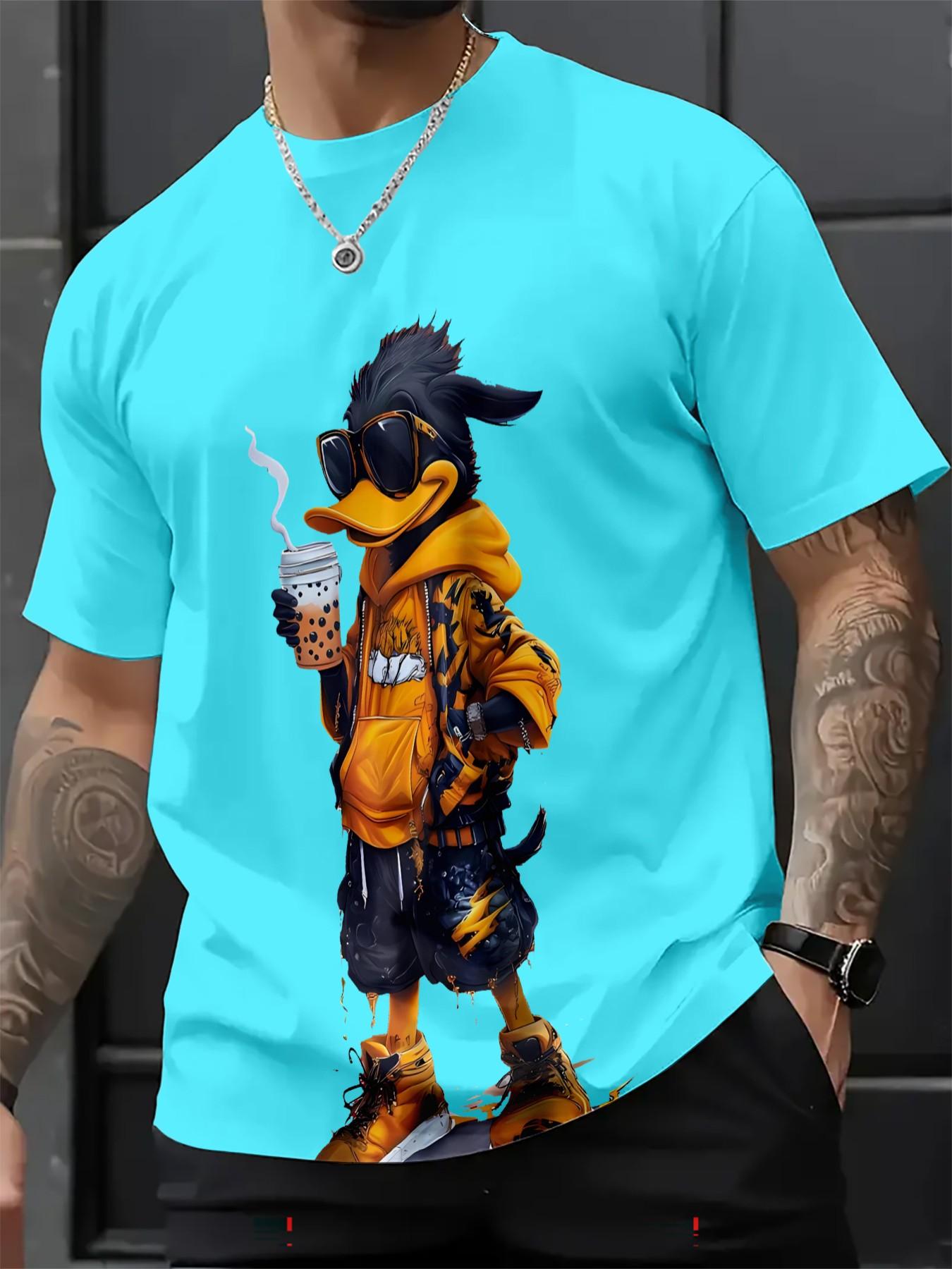 Men's 3D Cartoon Print Round Neck Short Sleeve Casual T-Shirt, Fitted All over Print, Long Clothing, All Seasons Wear