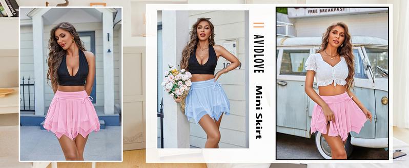 Avidlove Mini Skirts for Women Mesh Flowy Y2k Skirt Drawstring Ruched Bow Layer Asymmetrical Short Skort
