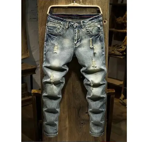 Big & Tall Men's Distressed Jeans Cotton Blend Stretch Vintage Washed Straight Leg Casual Denim Pants