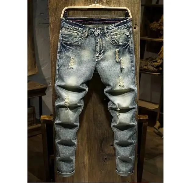 Big & Tall Men's Distressed Jeans Cotton Blend Stretch Vintage Washed Straight Leg Casual Denim Pants