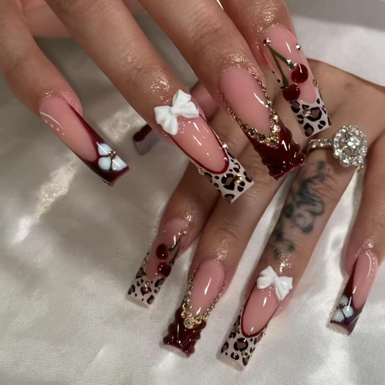 New Fashion Square Leopard Print Cherry Nail Tips, Nude Base with Wine Leopard Edge, Glitter Butterfly Design, Detachable False Nails