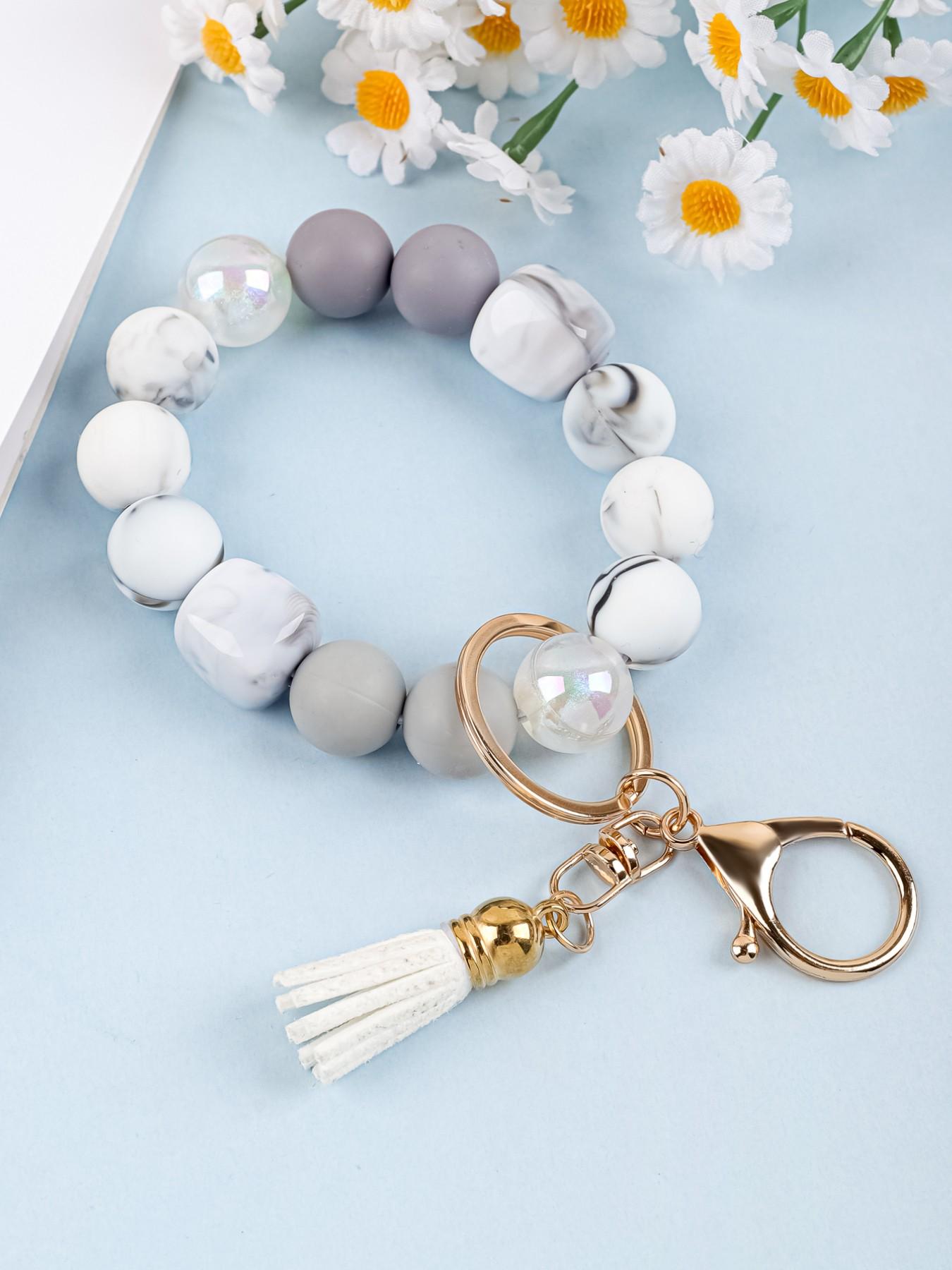 Solid Color Beaded Wristlet Keychain for Women, Matte Silicone Acrylic Beads, Tassel Charm, Minimalist Key Holder, Fashion Gift