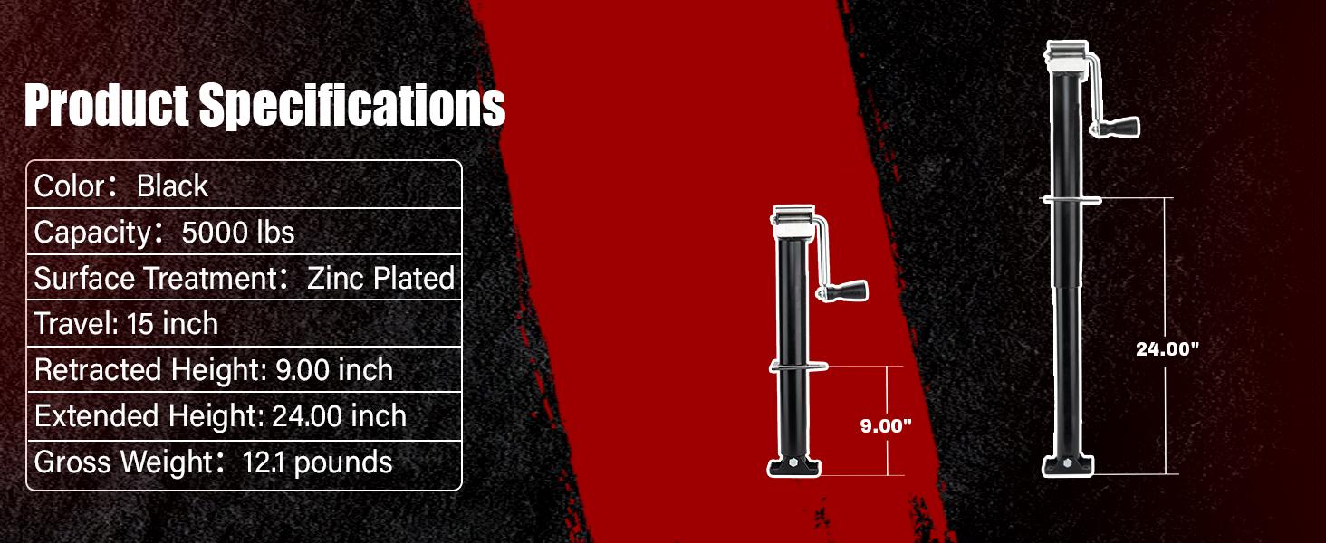 TYT A-Frame Trailer Jack, 5000lbs Capacity Side Wind Trailer Jack with Foot Plate, 15" Vertical Travel Heavy Duty Trailer Jack for Trailer, Utility Trailer, Yacht Trailer, Camper