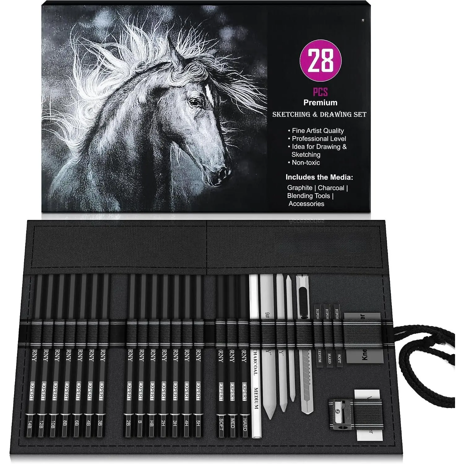 28 count Sketching Drawing Pencil Set,Sketch Pencils Art Supplies with Graphite,Charcoal,Blending Tools,Accessories,Drawing Kit for Adults Artists in Canvas Roll Up Case