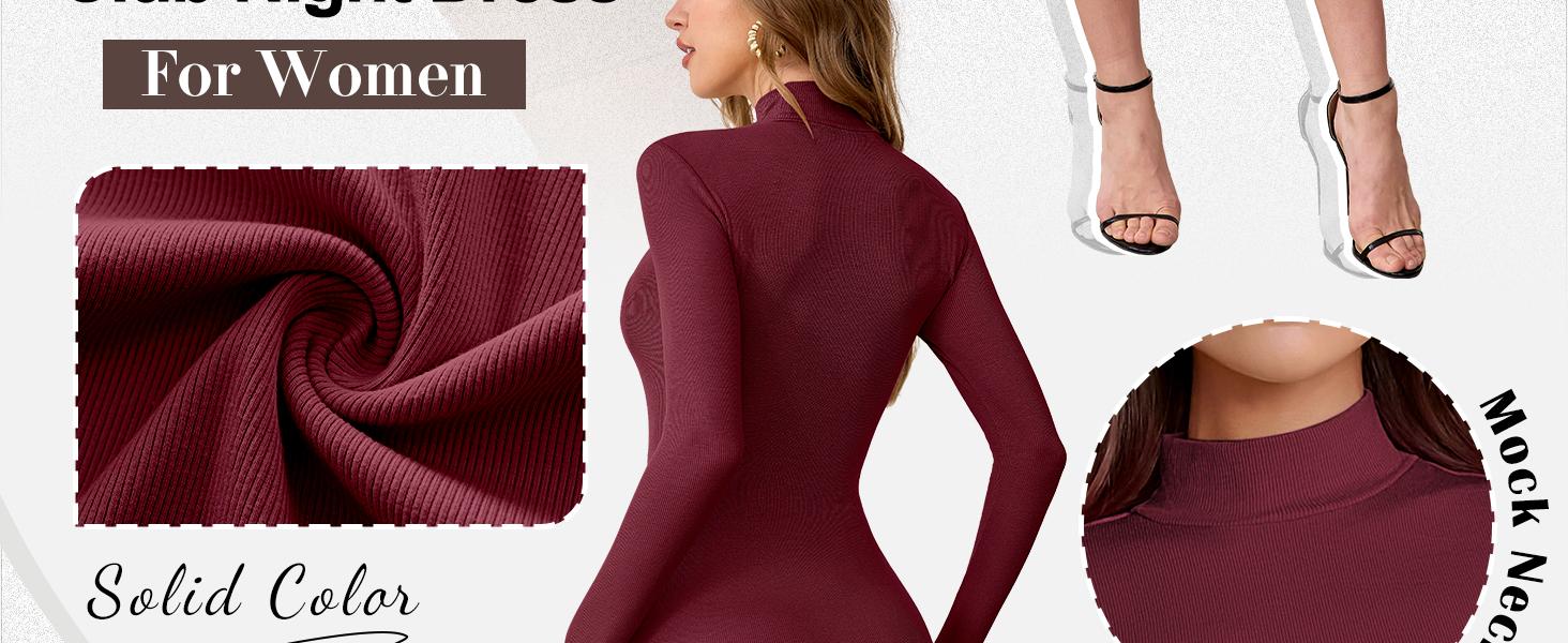 ANRABESS Women Long Sleeve Mock Neck Bodycon Mini Dress 2025 Fall Ribbed Slim Fit Pencil Cocktail Club Night Dresses