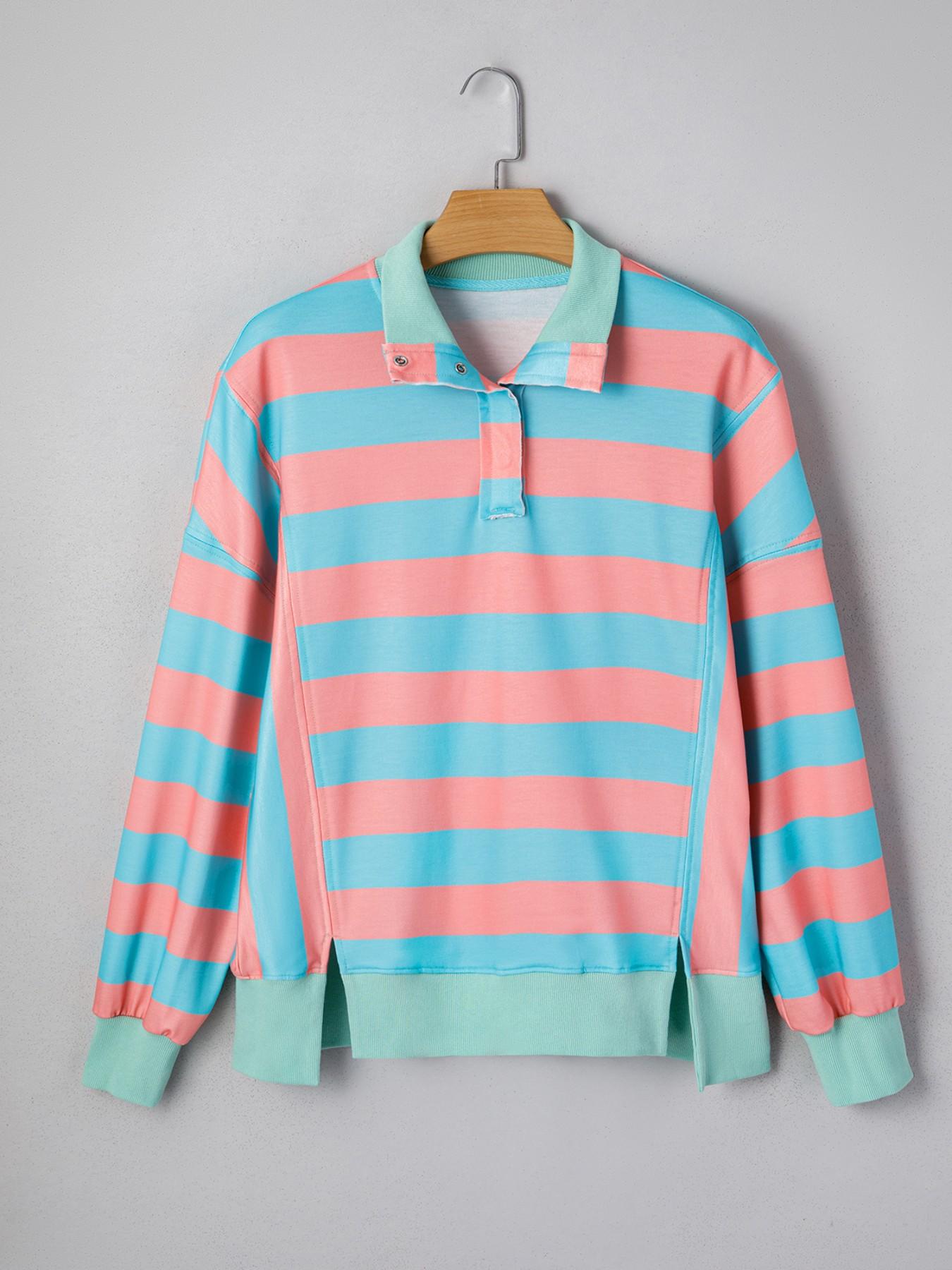 Striped Colorblock Drop Shoulder Button Collared Neck Side Slit ...
