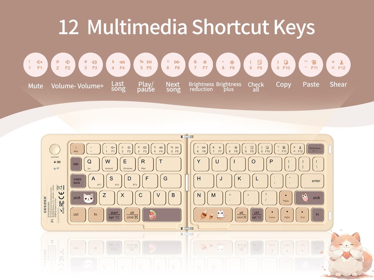 Mofii Foldable Bluetooth Keyboard, Compact & Portable Cat Design, Cartoon Theme, Milk Tea Color, Multi-Device Compatible, US QWERTY Layout, Folding Wireless Keyboard