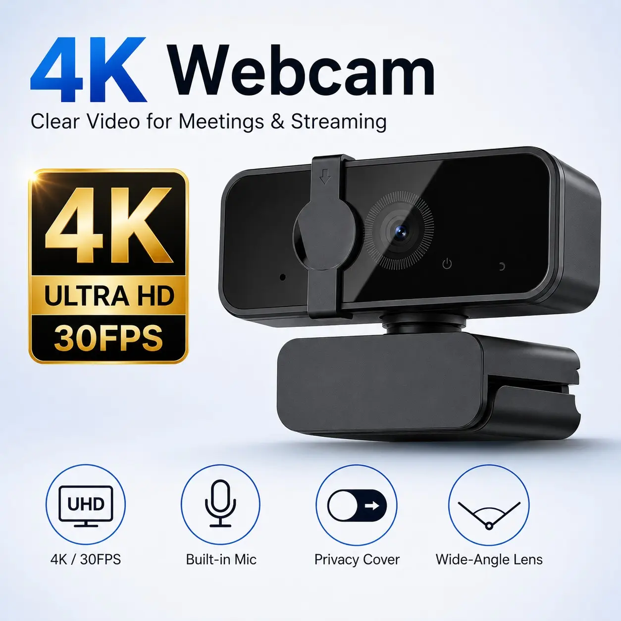 4K Webcam 30FPS with Microphone & Sliding Privacy Cover, Wide-Angle Fixed Focus USB Plug & Play Web Camera for Video Calls, Online Meetings & Live Streaming