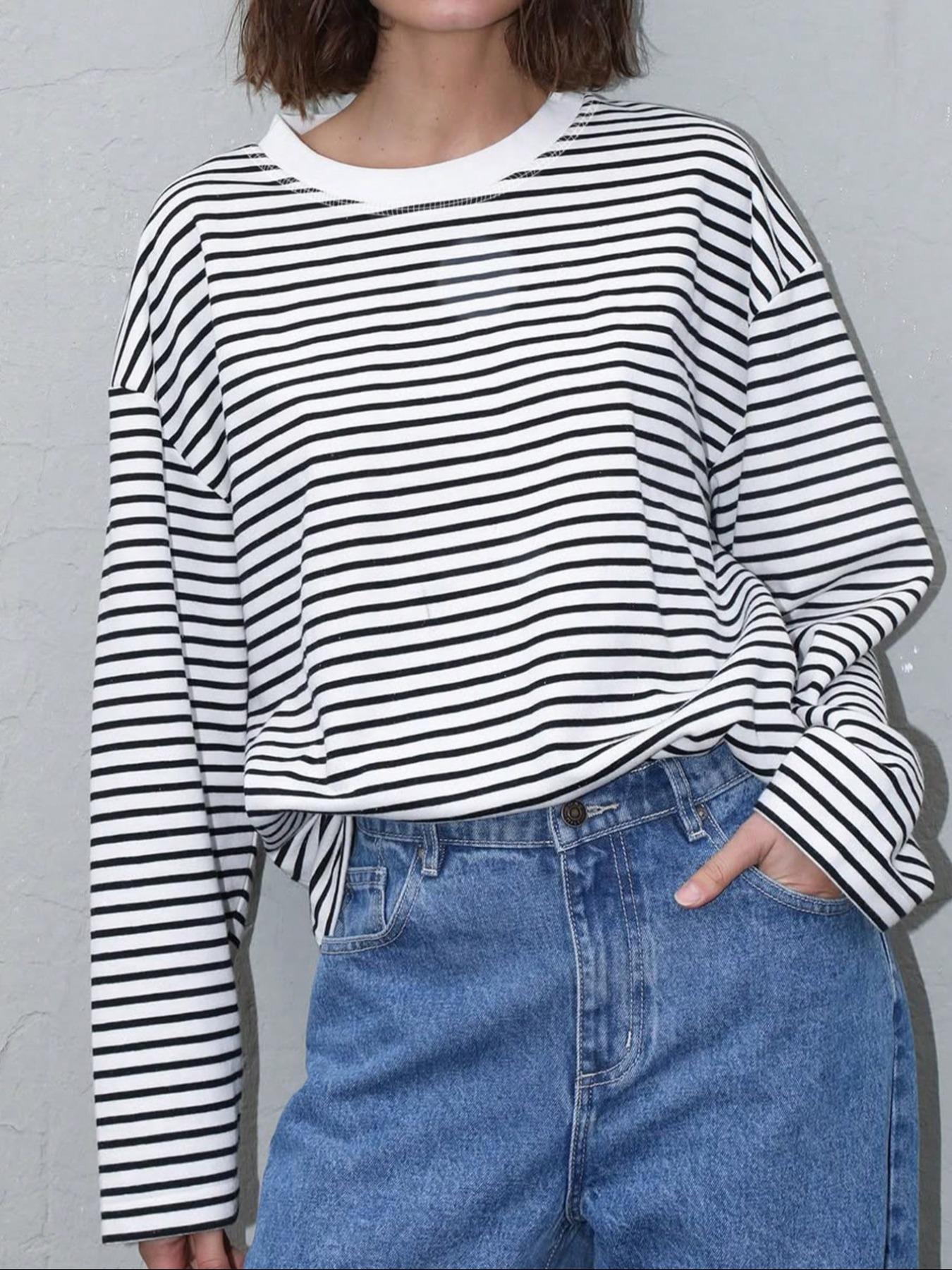 Women's Casual Loose-Fit Striped Long Sleeve Oversized Top, Trendy Street Style Round Neck Pullover Womenswear