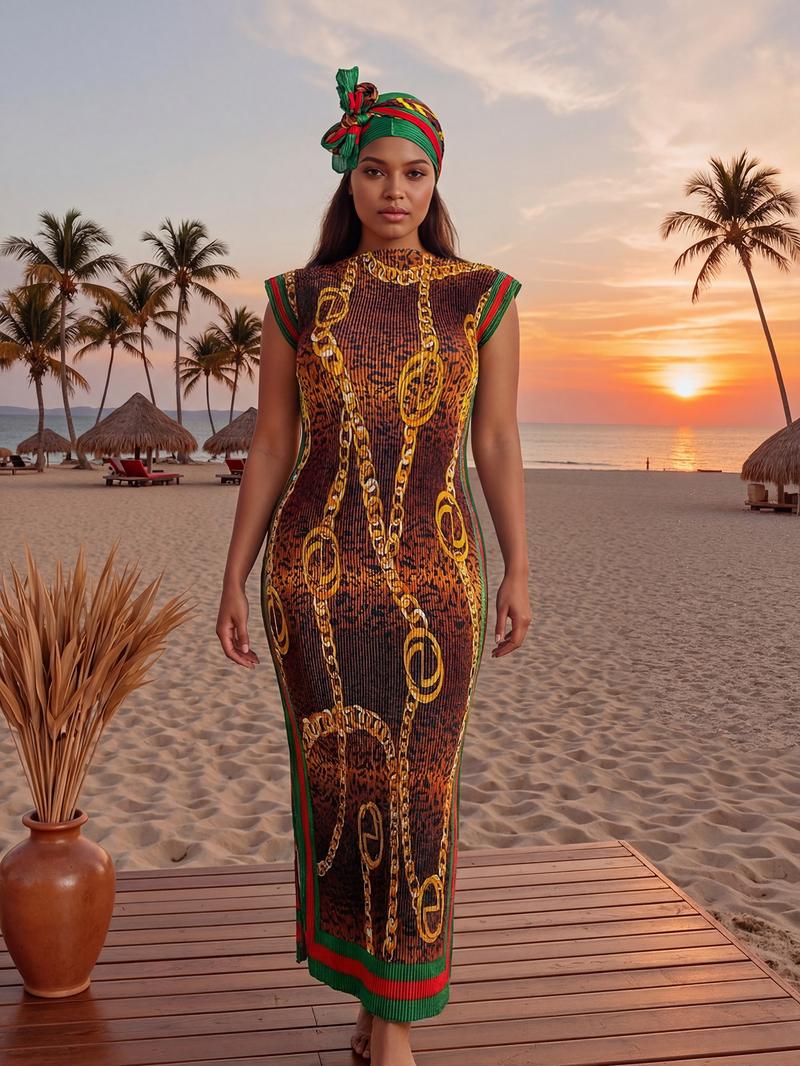 Women's Elegant Animal Print Long Dress Set, Slim-Fitting Moo Moo Skirt & Scarf, Beach Sun Protection Shawl, All Seasons Fashion