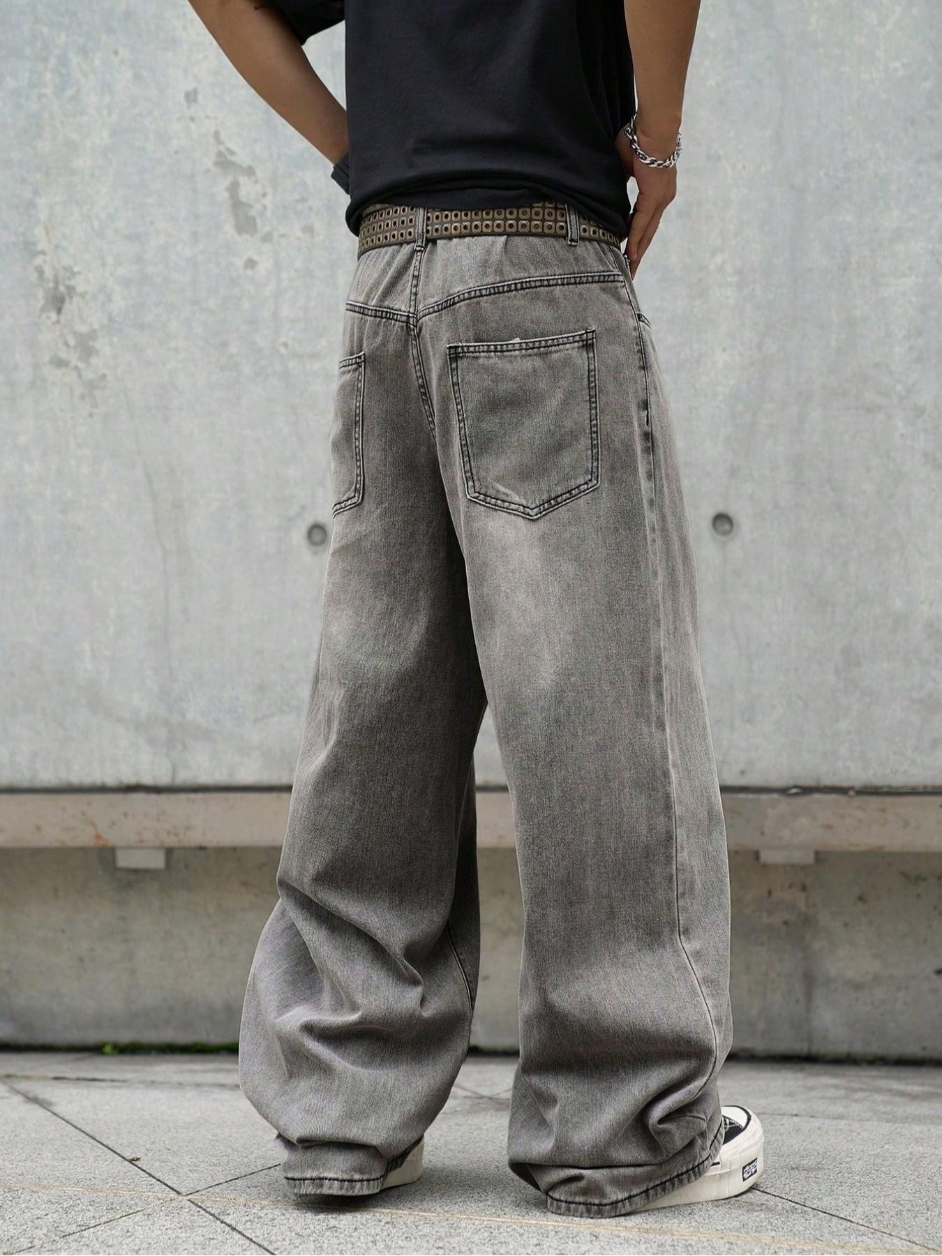 1 Piece Men's Dark Gray Casual Streetwear Fashion Loose Straight-Leg Jeans. Solid-Color Plain Dark Washed Gray Loose Denim Pants, Perfect for Men's Daily Wear.