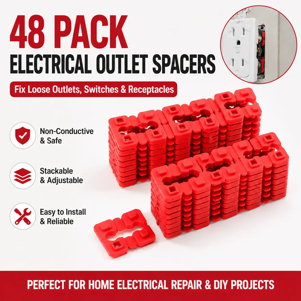48 Pack Electrical Outlet Spacers (12 Strips), Stackable Non-Conductive Receptacle Shims for Fixing Loose Recessed Outlets, Switch Alignment & Home Electrical Repair