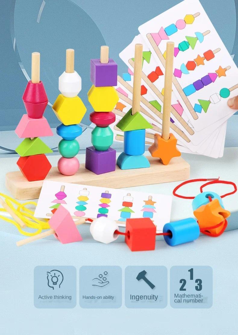 5-in-1 Montessori Wooden Toys Color Shape Cognition Blocks Matching Sorting Game Beaded Early Educational Toys Gift for Children