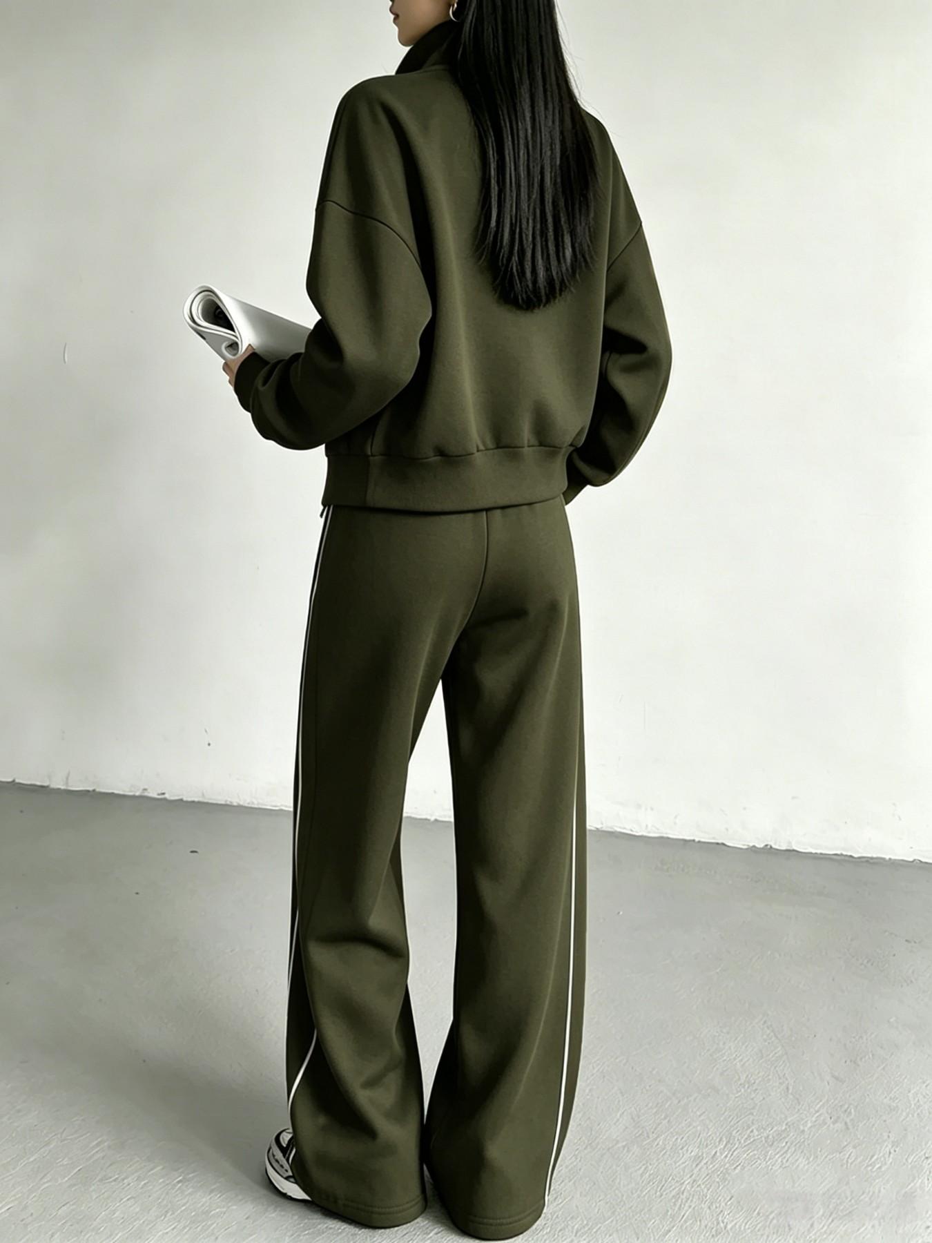 Women's Two-Piece Set, Fall Winter, Long Sleeve Zipper Stand Collar Sweatshirt, Mid-Waist Pants, Casual Office Wear, Multiple Colors Available, Clothes