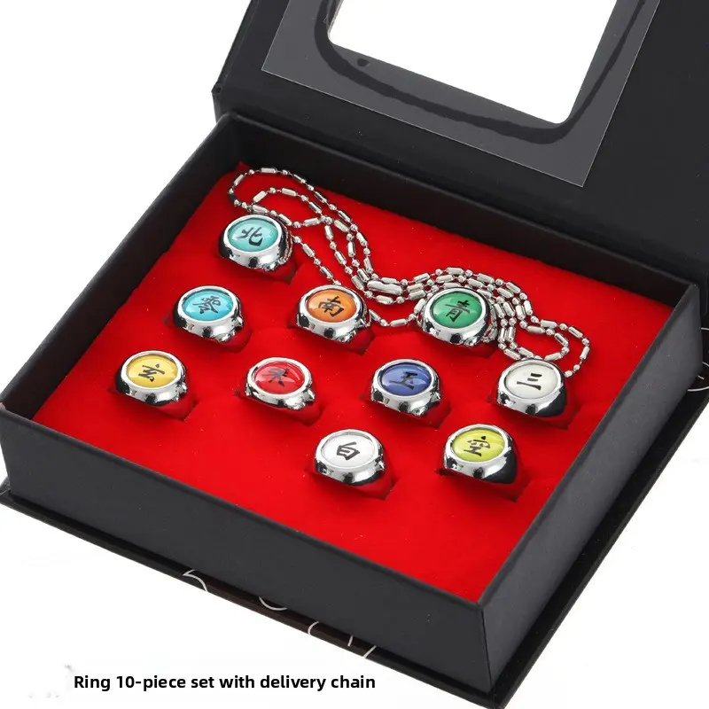 Naruto Akatsuki Member Symbol Rings 10Pcs Complete Set Adjustable Rings With Necklace Chain Collectible Ornament Gift Box For Anime Collection