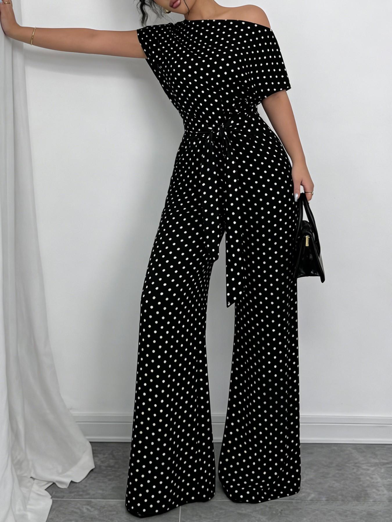Women's Polka Dot Jumpsuit, Asymmetric One Shoulder, Short Sleeves, Waist Tie Belt, Wide Leg Full Length, Smooth Drapey Woven Fabric, Office Commute, Date Night & Party Wear, Breathable Non-Wrinkle Fabric, Elegant Retro Polka Dot Style