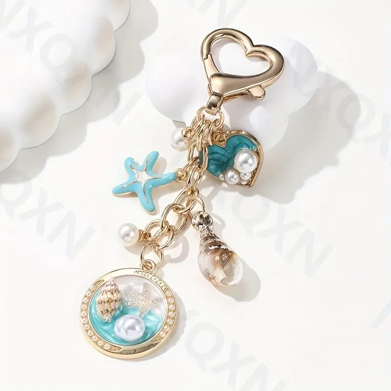 New Pearl Heart Starfish Shell Keychain, Fashion Summer Ocean Series, Elegant Bag Car Pendant, Gift for Friends and Family, Beach Keychain