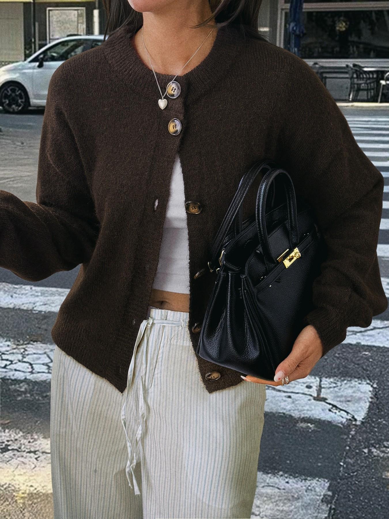 Autumn Winter New Retro Round Neck Solid Color Short Knitted Cardigan, Loose Long Sleeve Button Front Sweater Coat, Casual Daily Wear Women's Top