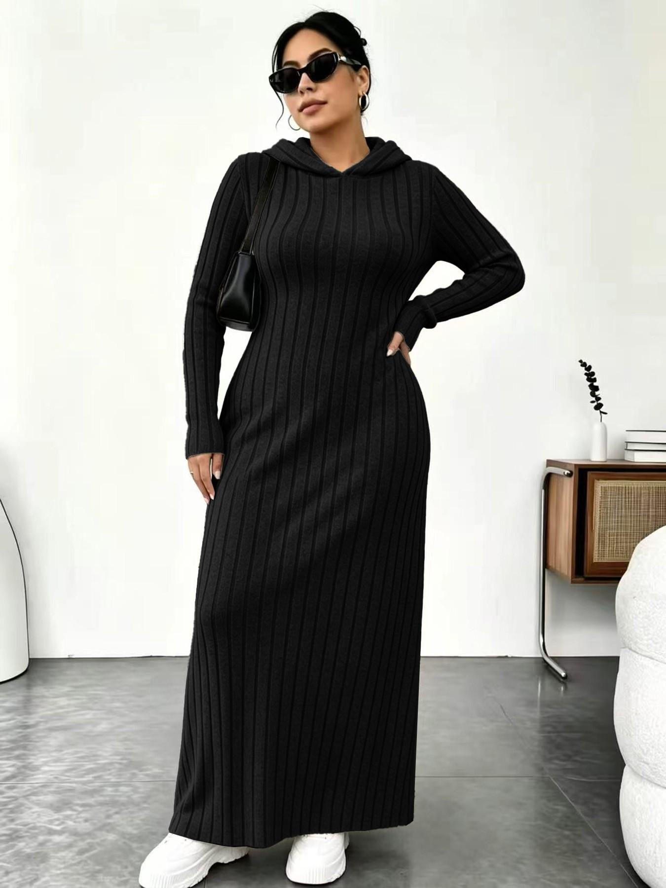 Plus Size Women's Long Knit Dress, 11 Colors Available, Slim Fit with Pockets, Micro Plus Size Slimming Hooded Top, Long Sleeve Base Layer