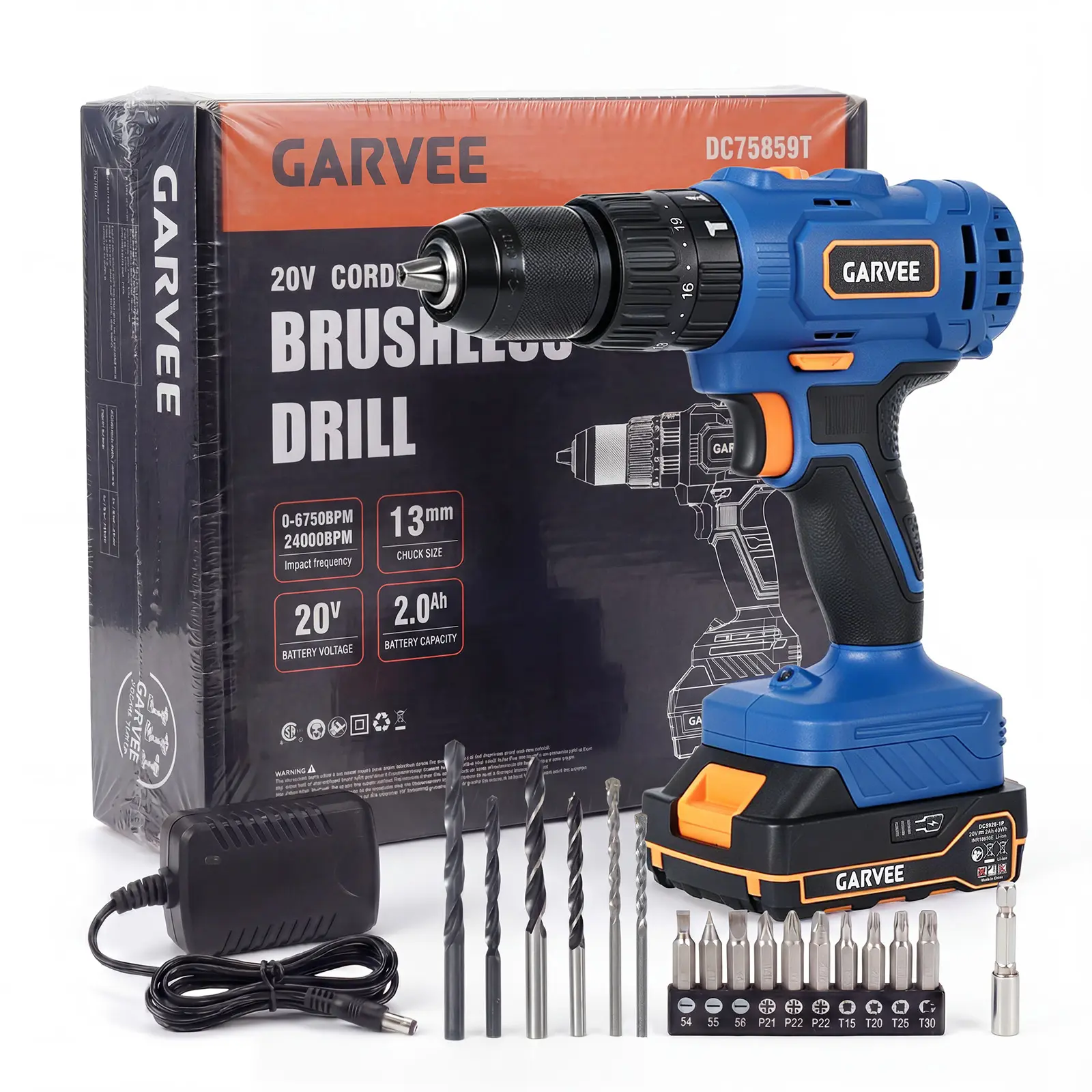 Garvee 18V (20V Max) Battery-powered Hammer Drill/Driver Kit - 1/2 in (13mm) All-Metal Keyless Chuck, 45Nm Torque, 2-Speed, 20+1+1 Push-button, LED - 2x 2.0Ah Batteries, Fast Charger, 20pc Accessories