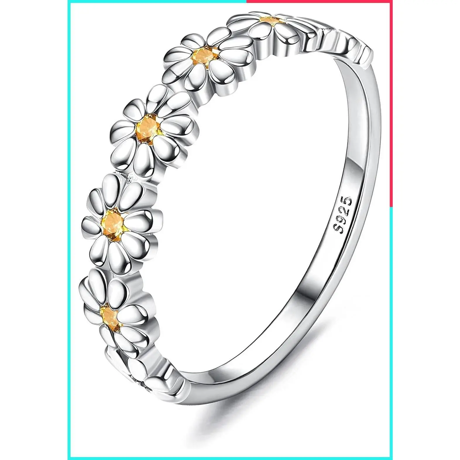 925 Sterling Silver Rings for Women, Dainty CZ Daisy Flower Ring, 18K White Gold Plated Promise Ring, Cute Sunflower Wedding Band, Statement Engagement Ring, Mothers Jewelry Gift