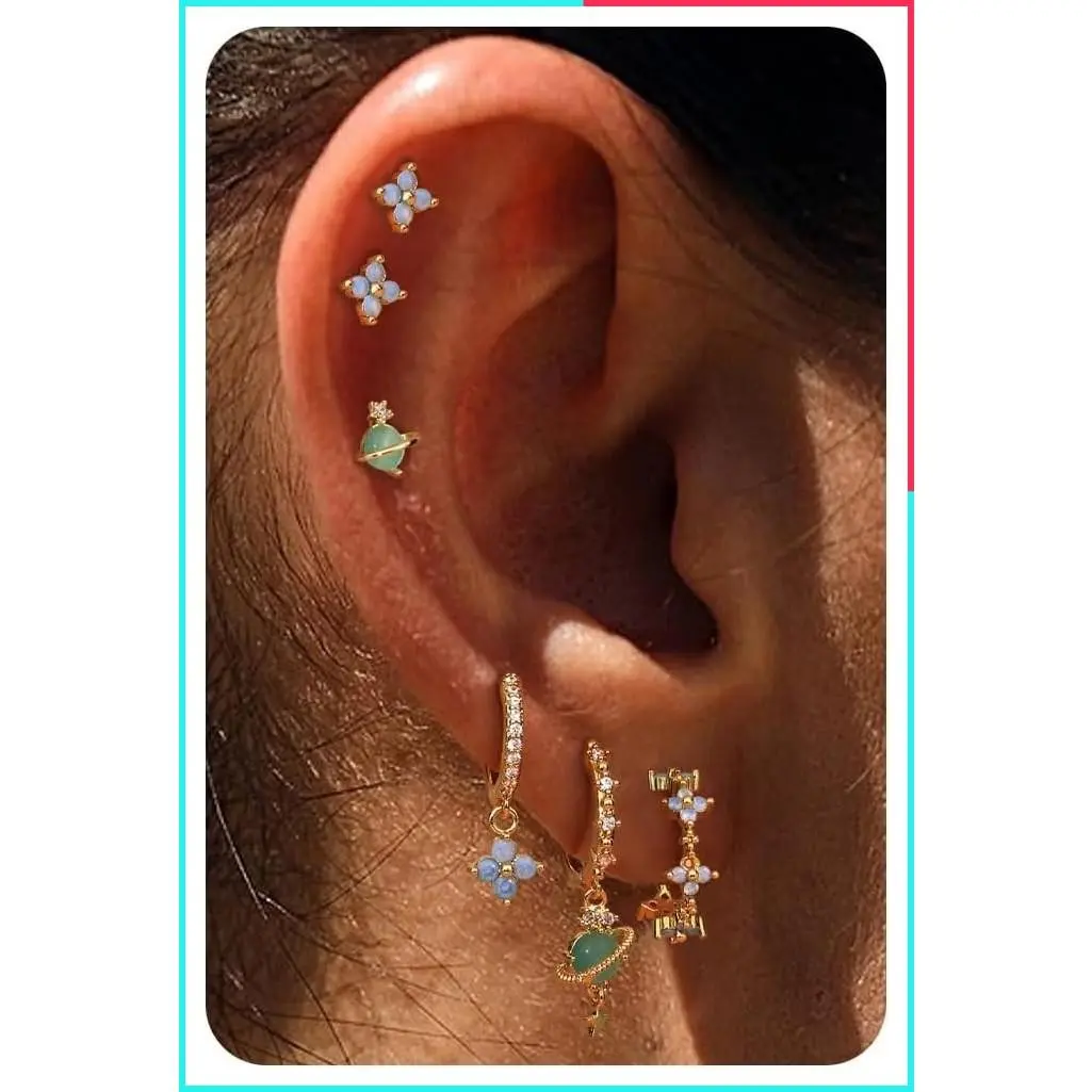 Women's Sterling Silver Hypoallergenic Cartilage Earring Stack Set - Dainty Studs, Huggie Hoops, Dangle Chain Earrings, 14K Gold/White Gold Plated