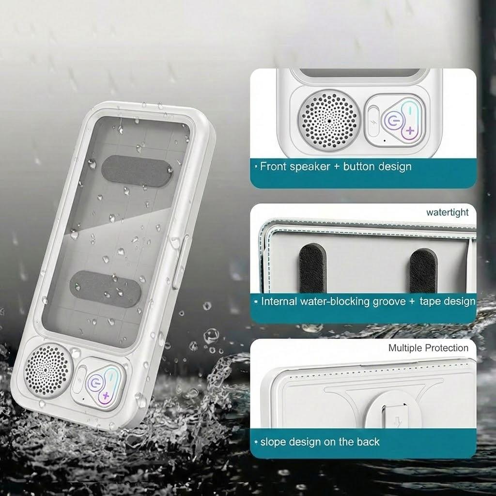 Waterproof box speaker, bathroom waterproof 360 ° rotating touch screen, Bluetooth speaker, watch movies, listen to music, phone holder Bluetooth speaker audio shower TV holder, swimming pool, kitchen, bathroom, sink, Streaming