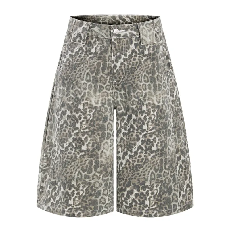 Vintage Leopard Print Wide Leg Jorts for Men, Button Zip Fly, Classic Waistband Pockets, Loose Knee-Length Denim Shorts, Trendy Street Casual Bottoms # sohochic