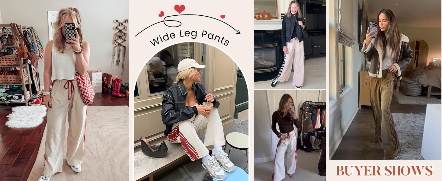 SCUSTY Women's Wide Leg Pants with Pockets Side Striped Drawstring High Rise Slouchy Palazzo Pants