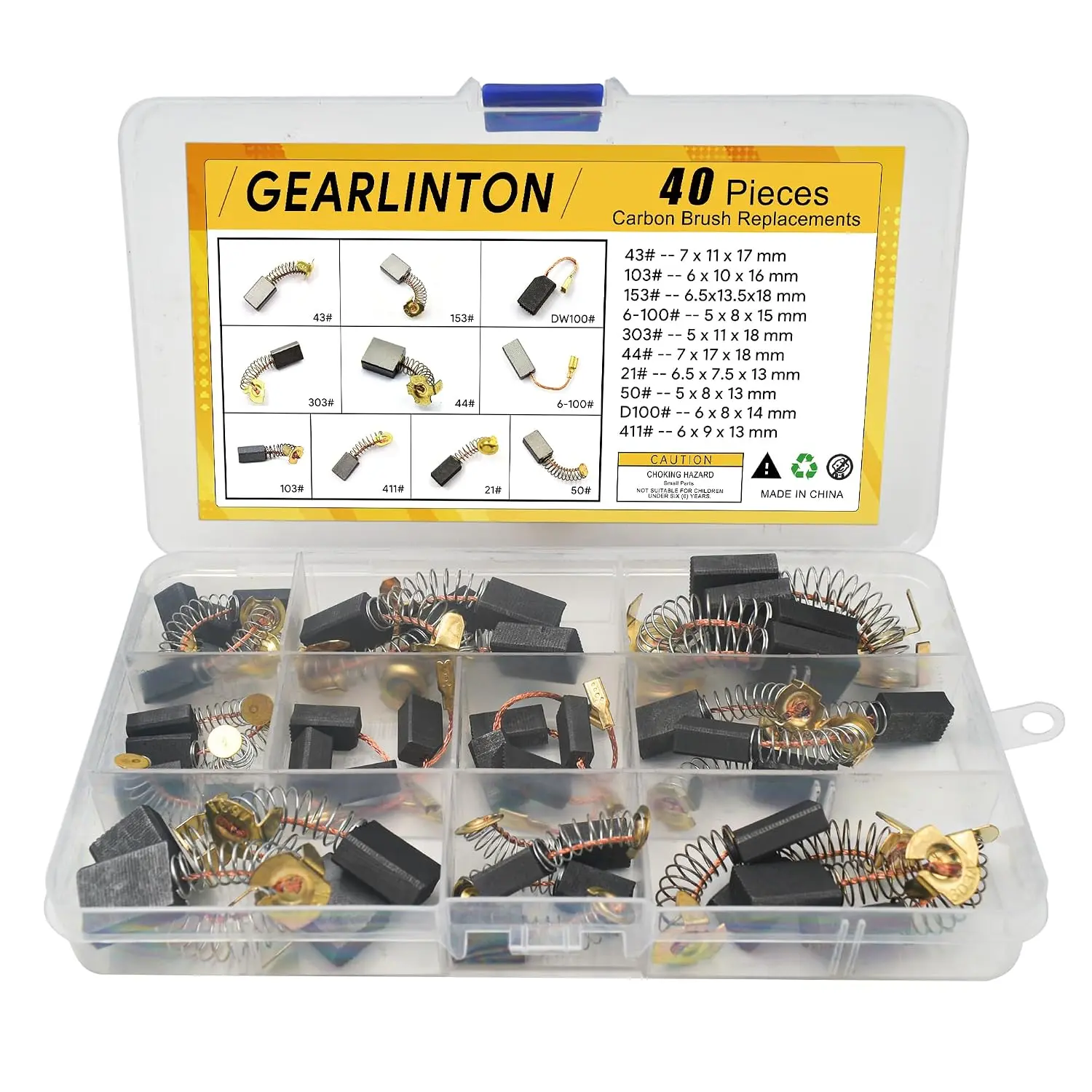 Multi-Size Electric Motor Carbon Brushes, 40-Pc Copper Graphite Set in 10 Sizes (Flat Box Pack), High Conductivity Parts for Angle Grinders, Electric Drill Repair & Maintenance