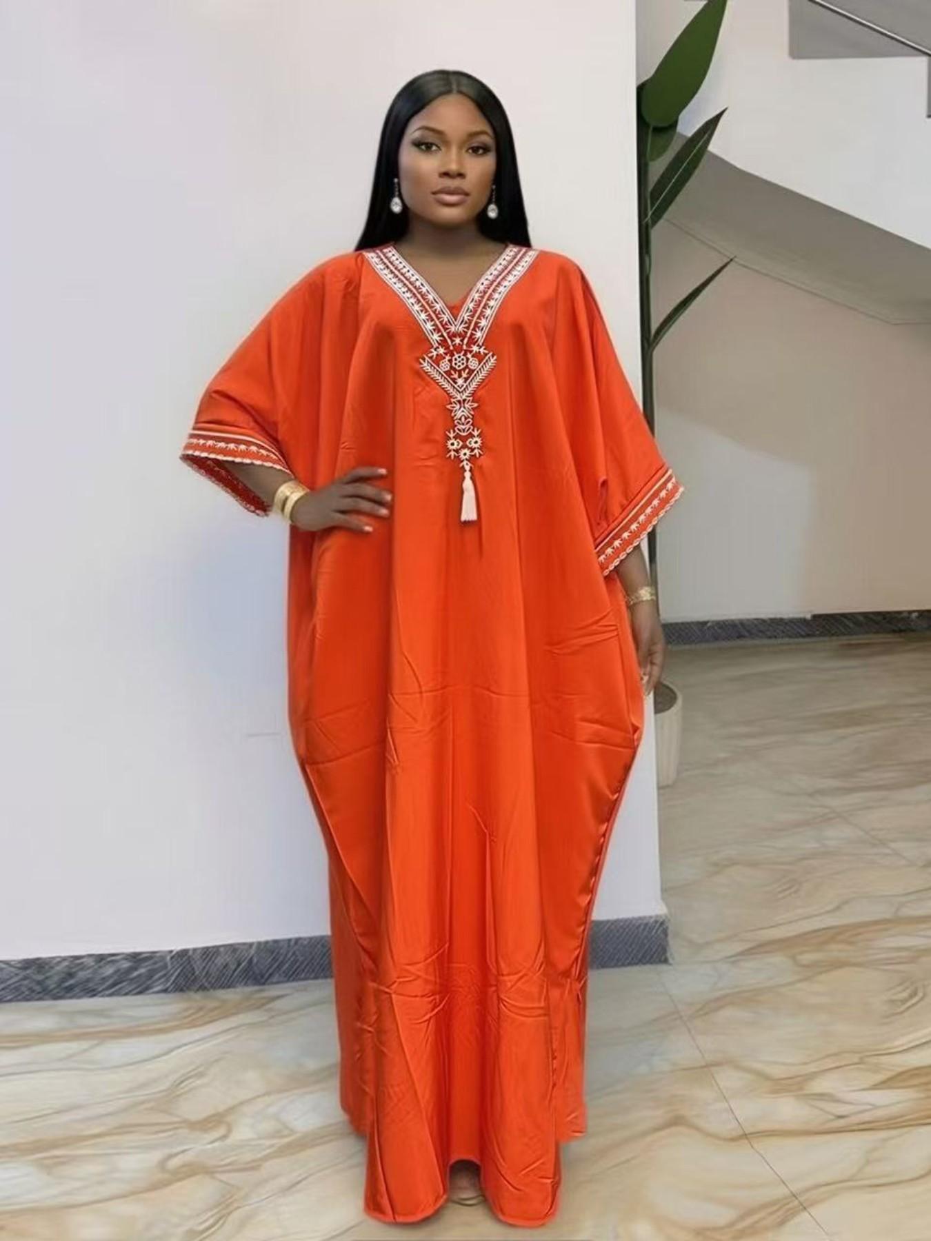 Women's Summer Solid Color Embroidered Fringe Caftan Casual Wear Dress with Pockets and Side Slit Women's Summer Solid Color Embroidered Fringe Caftan Casual Wear Dress with Pockets and Side Slit
