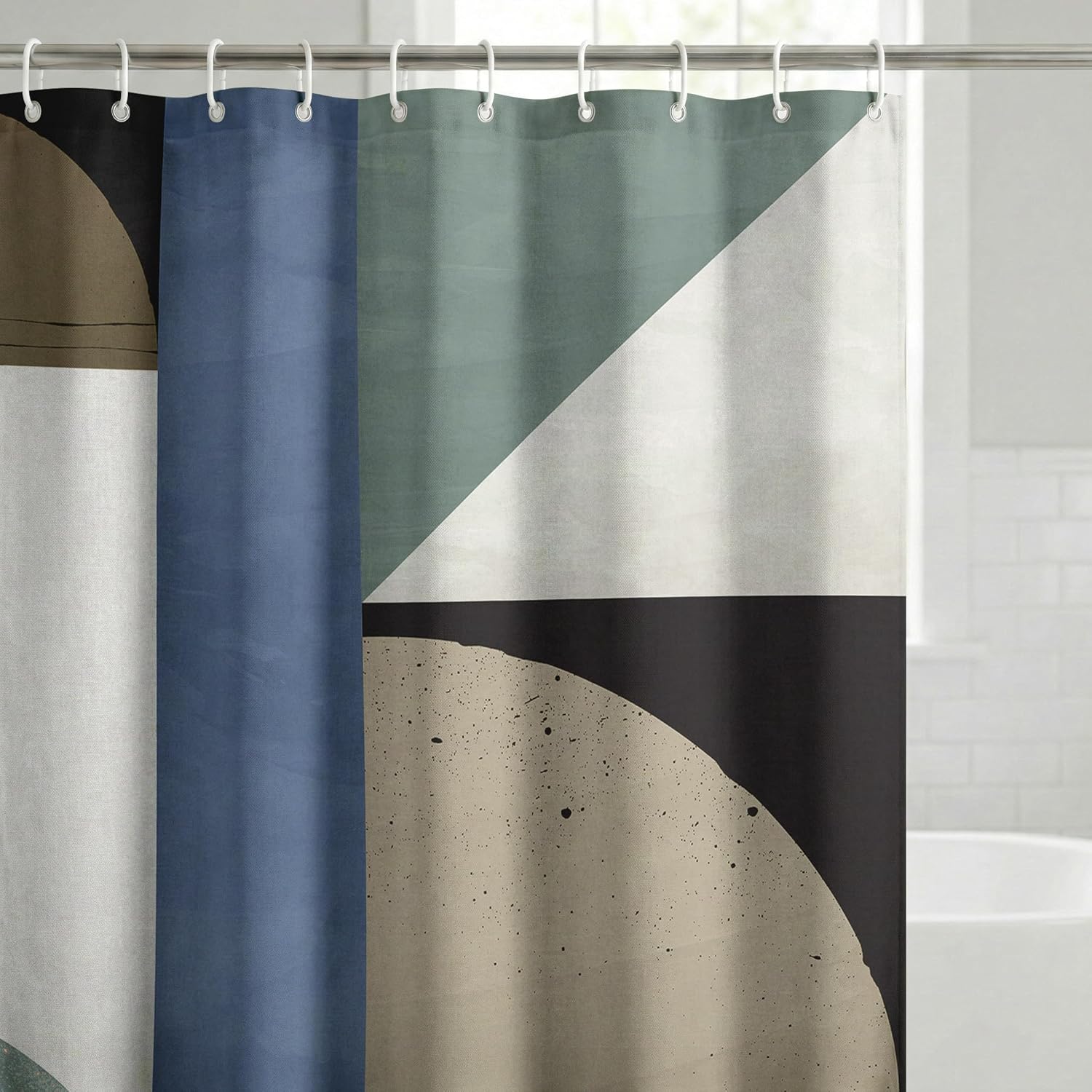 Geometric Shower Curtain 71x71 Inch, Water-Resistant Polyester Bathroom Curtain with Metal Grommets and 12 Hooks, Sage Green Blue Taupe Ivory Color Block Design
