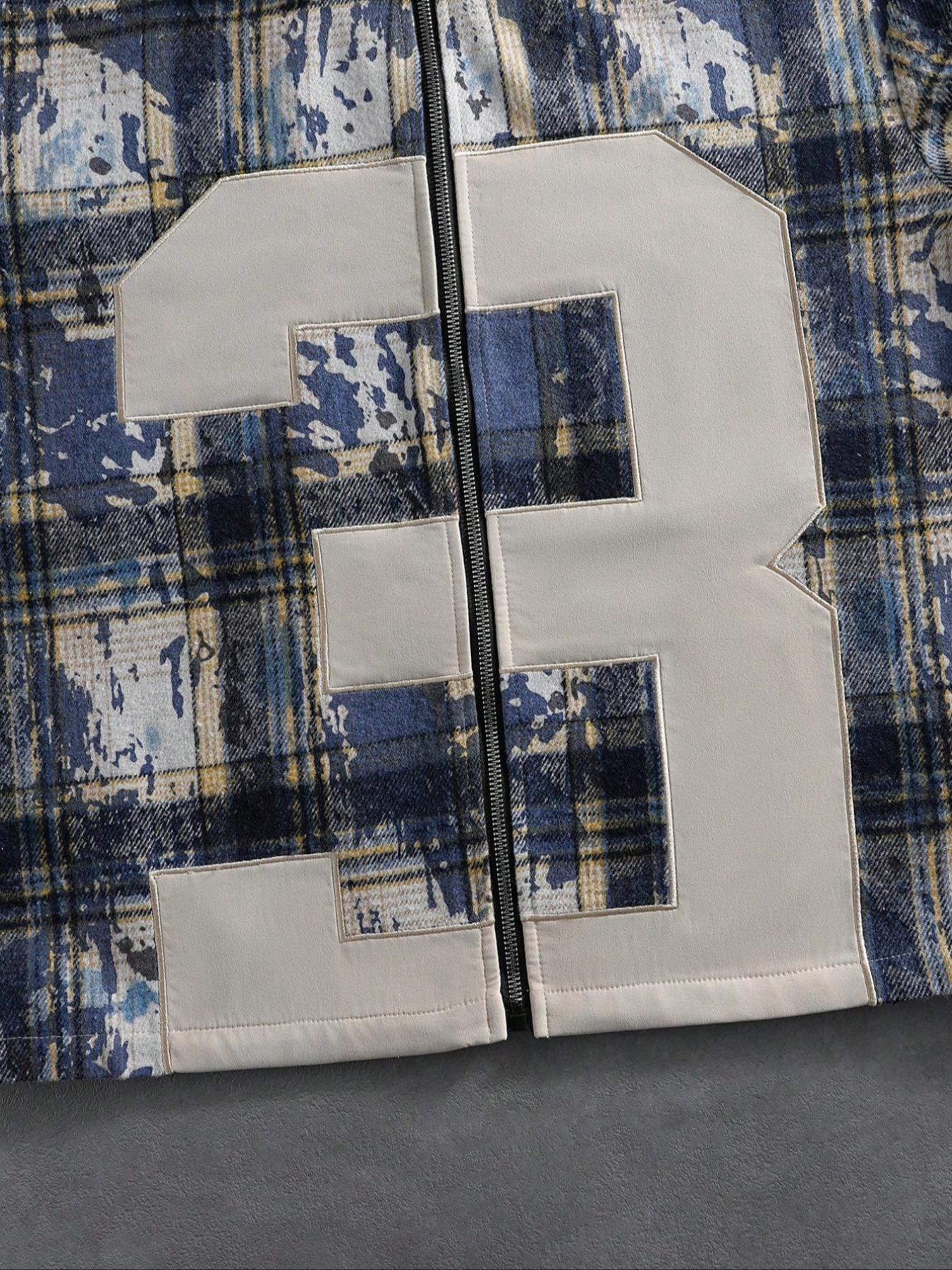 Men's Blue Plaid Zipper Jacket, Trendy Design with Embroidery, Thick Fabric, Vintage Grid Street Style, Unique Fashion Attitude, Coats