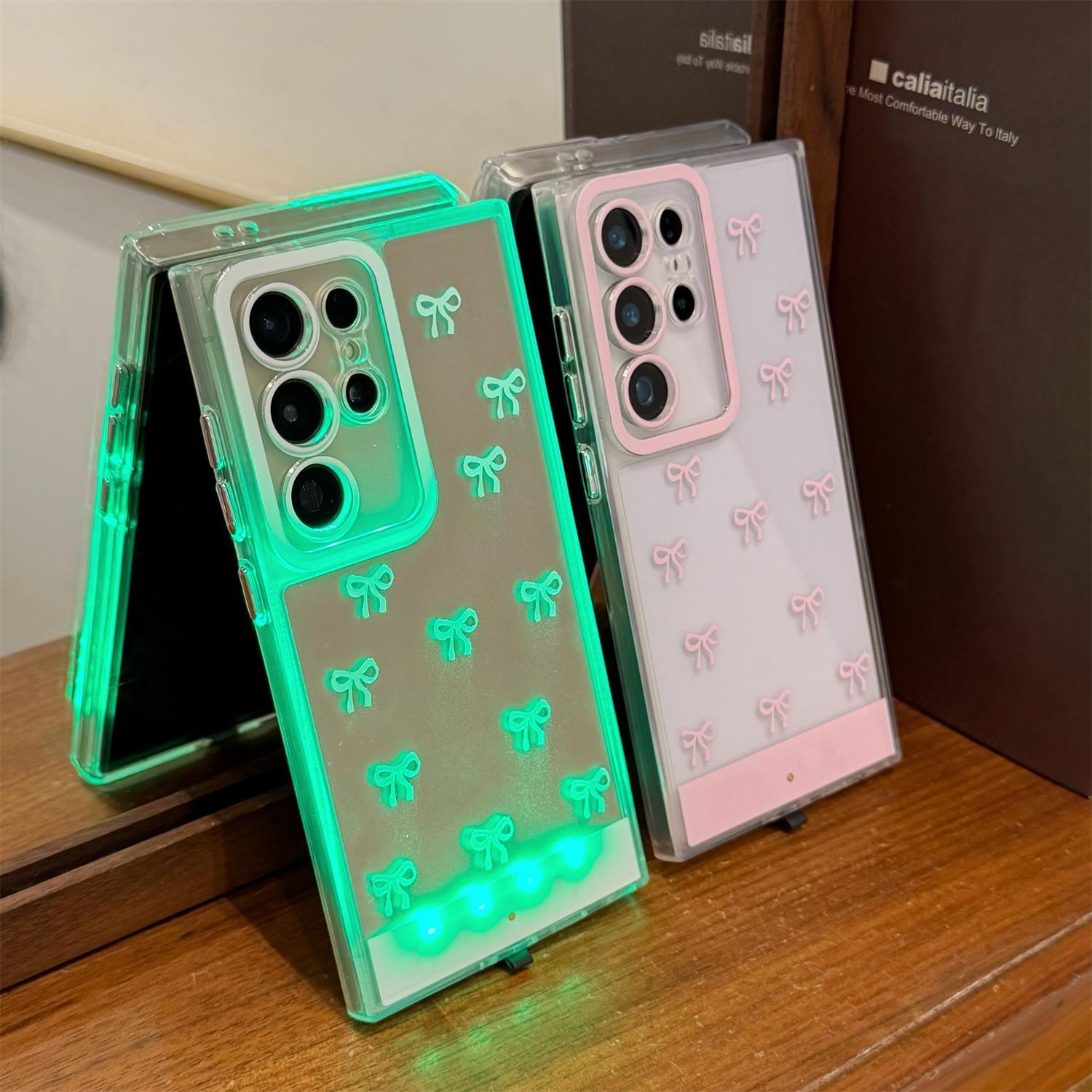 LED Light Up Bowknot Case for Samsung Galaxy S24/S25/S26 Ultra Plus, LED Flash Light up Incoming Call Phone Case, Shockproof Clear TPU Cover for Women Girls, Accessories, Smartphone#SummerVibes summervibes Cellphone Protection