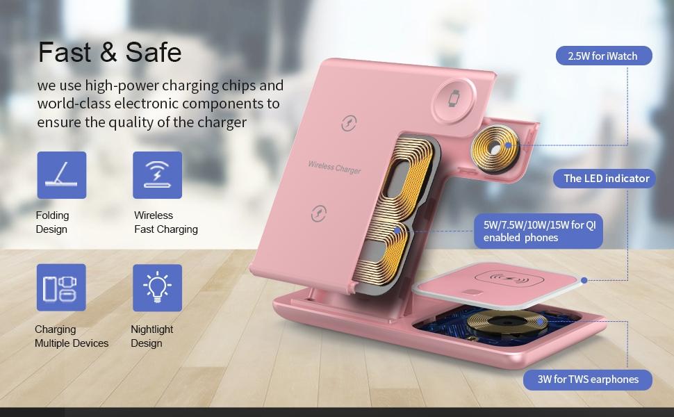 VEEROON 3-in-1 Wireless Charging Station - Multifunctional Fast Charging Magnetic Wireless Charger Stand with Type-C Port - Electronic Fast Charging Station for iPhone, Apple Watch & AirPods