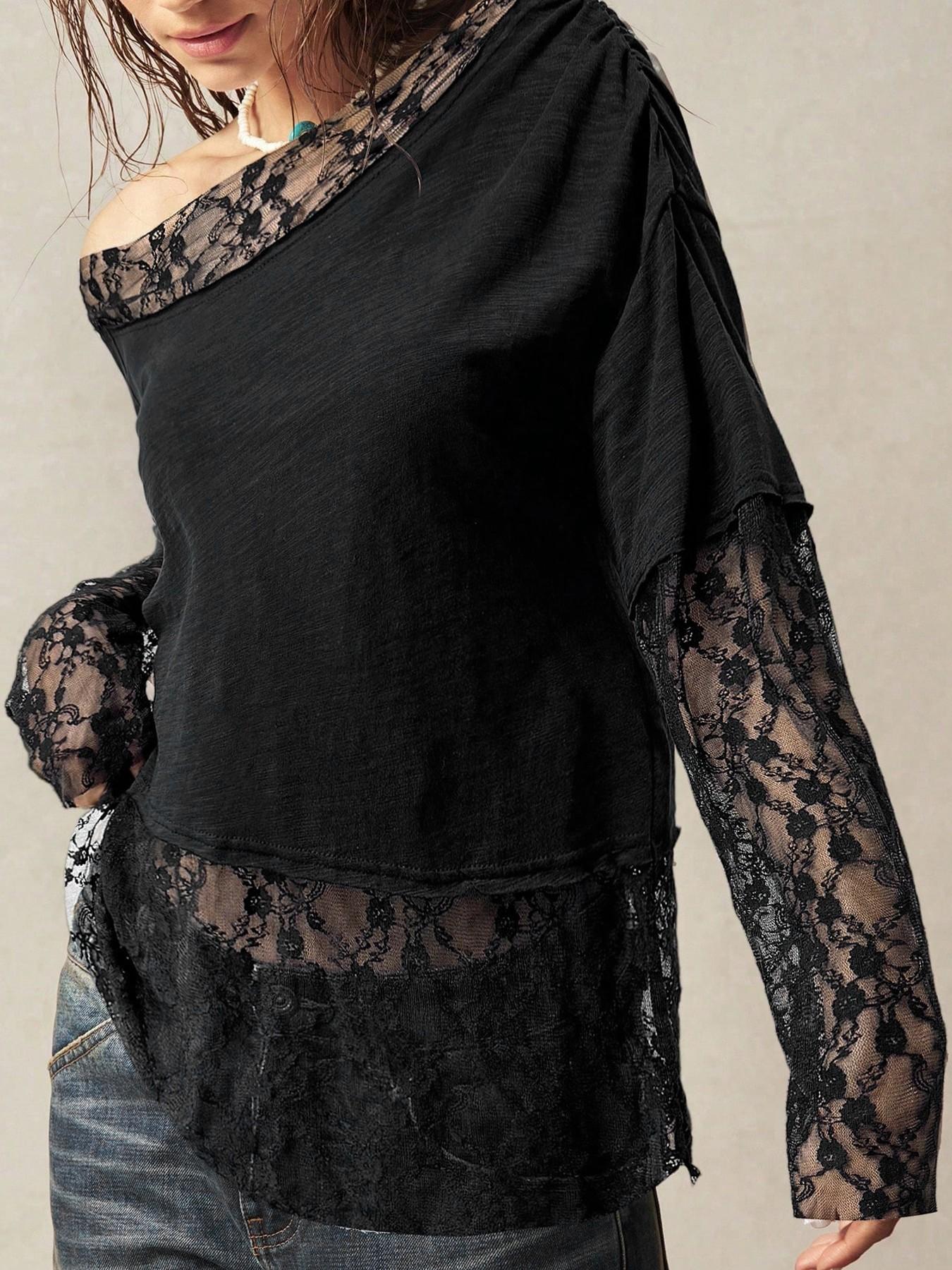 Chic  Off-Shoulder Sheer Lace Blouse - Long Sleeve Oversized Mesh Top Shirts for Daily Casual Party Outfitsy