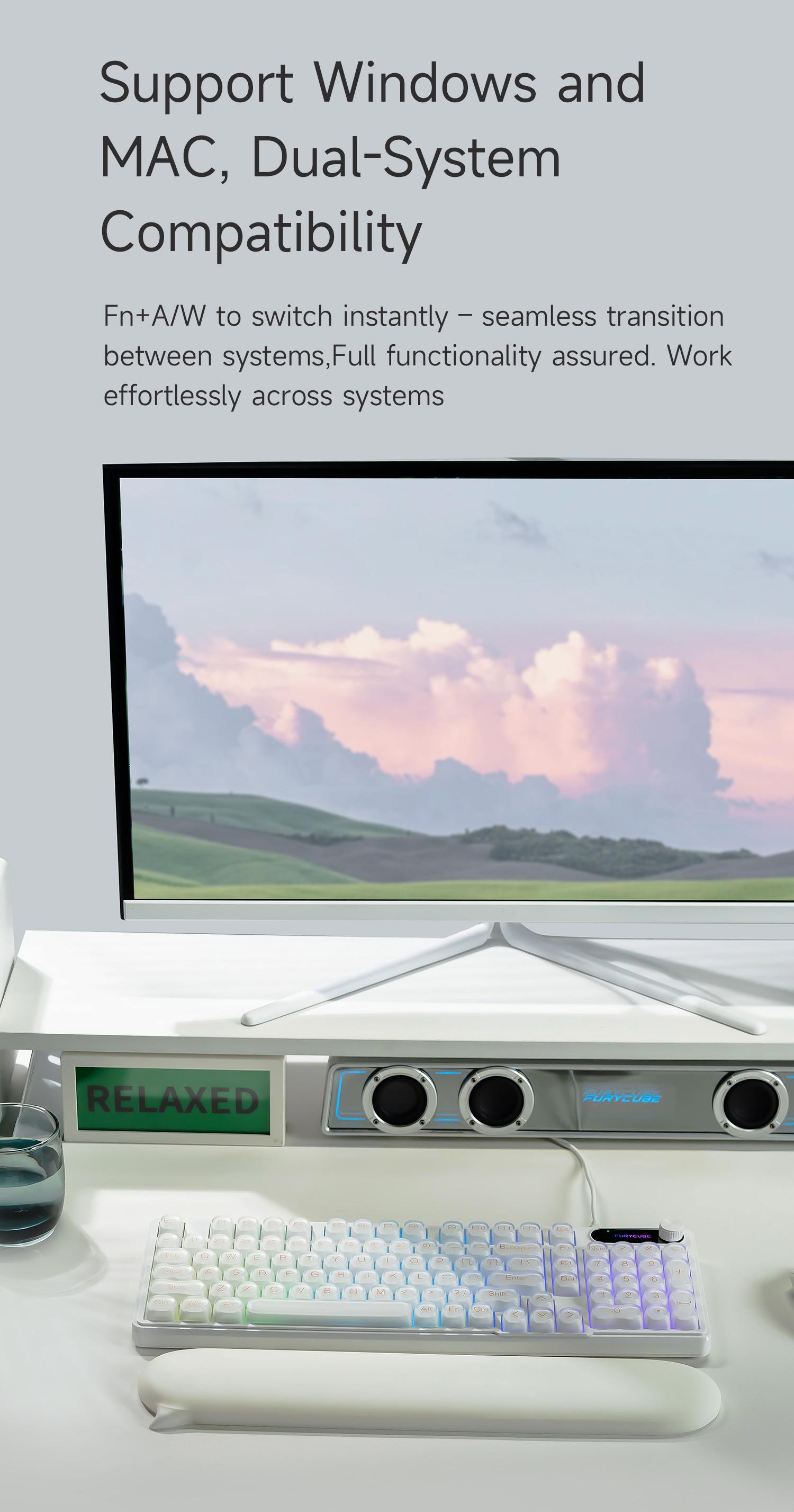 FURYCUBE IP98 Wired | Wireless Keyboard Gradient PBT Keycaps Side-Engraved Backlit Letters Smart Knob Gasket Structure Waterproof RGB Lighting Durable Double-Shot Keycaps Anti-Oil Matte Texture Membrane Keyboard Office Silent