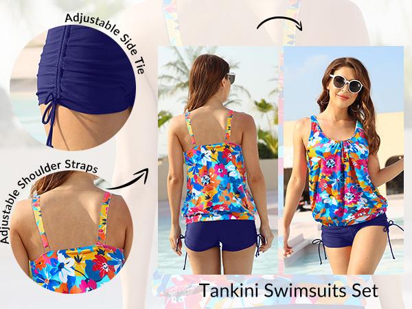 Yonique Blouson Tankini Swimsuits for Women Two Piece Bathing Suits Tops with Boyshorts Modest Loose Fit Swimwear Ladies Swimsuits for Older Women Tummy Control Swimsuits with High Waisted Boy Shorts