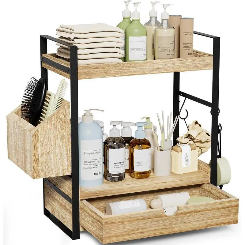 Wooden 2-Tier Bathroom Vanity Shelf with Drawer and Basket, 13.2 x 6.7 x 15.9 Inch Light Brown Metal Counter Organizer for Shampoo and Skincare