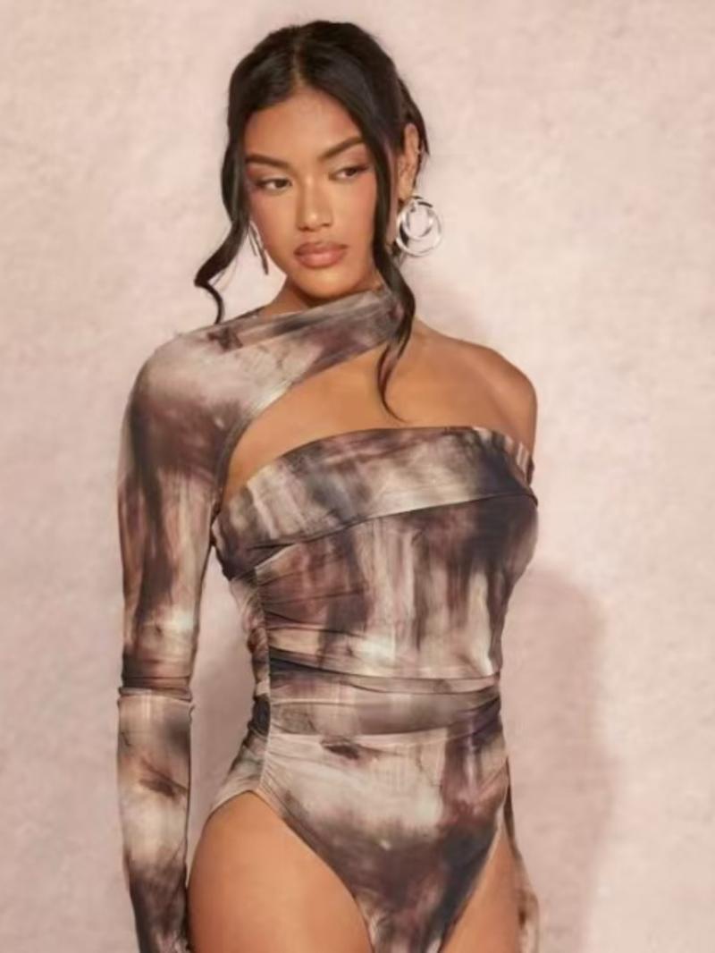 Women's All Over Print Bodysuit, Elegant Fashion Long Sleeve Bodysuit for Club Party, Women's Clothing for Spring & Fall